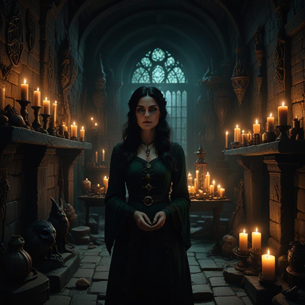 Ethereal Sorceress in a Haunting, Ancient Sanctum