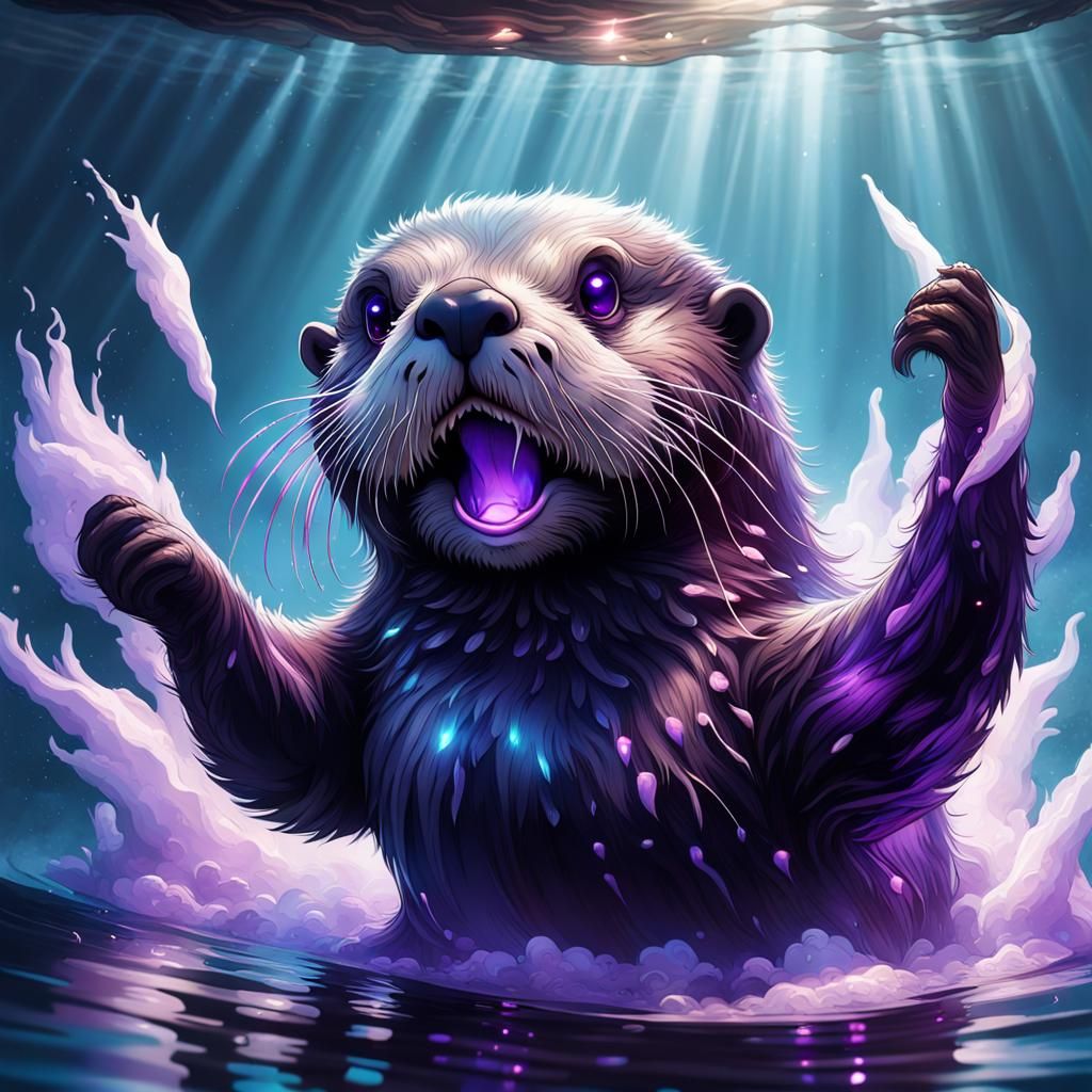 Flying Sea Otter Unicorn in Dark Fantasy Style