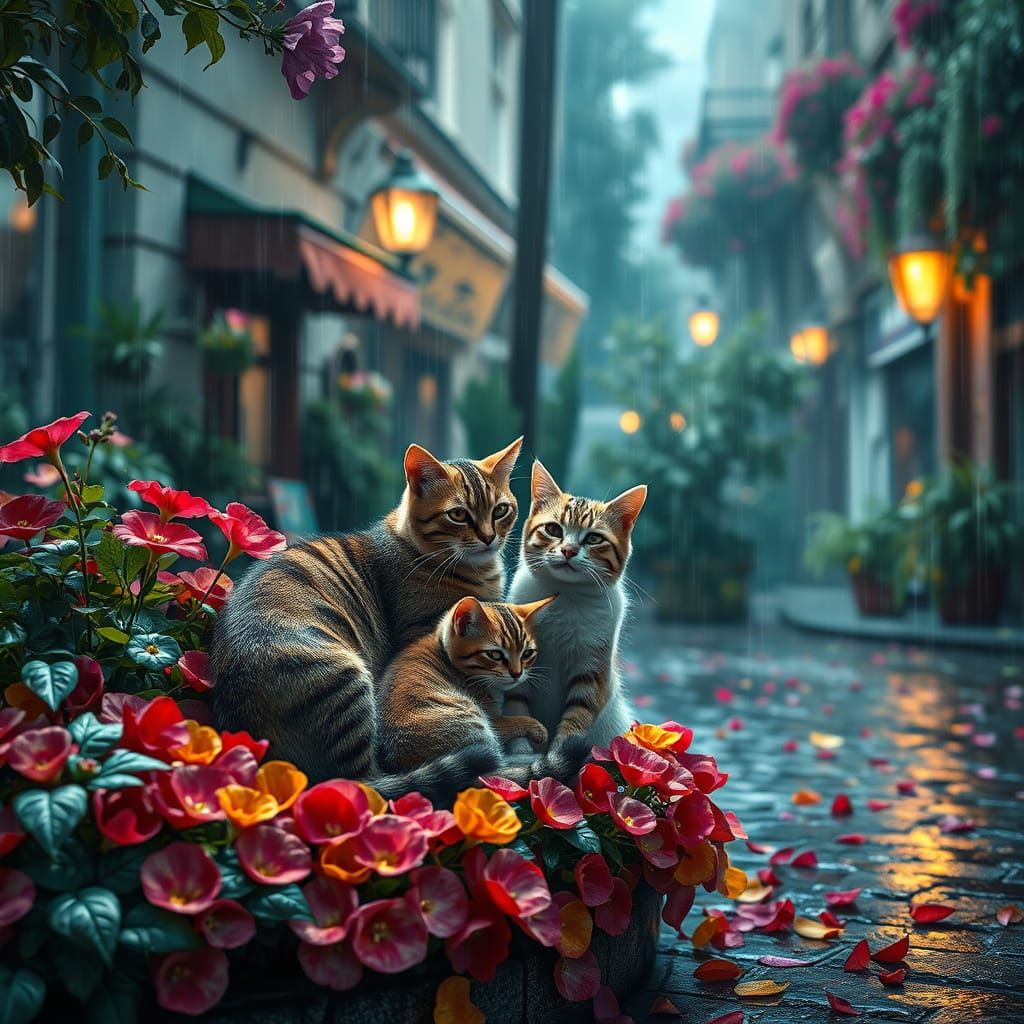 Whiskered Cats Seek Refuge in a Rainy Street Flowerbed