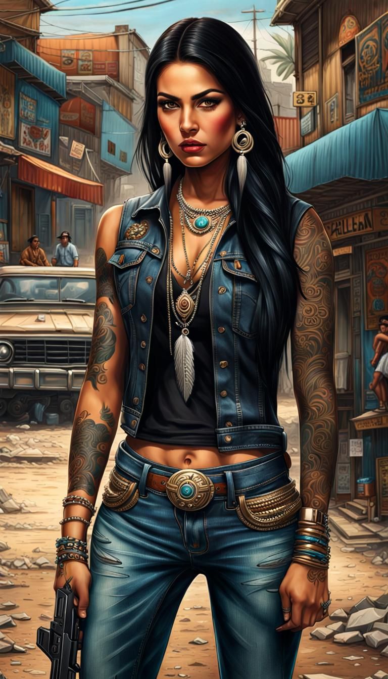 Native American Woman with Pistol in Medellin Street
