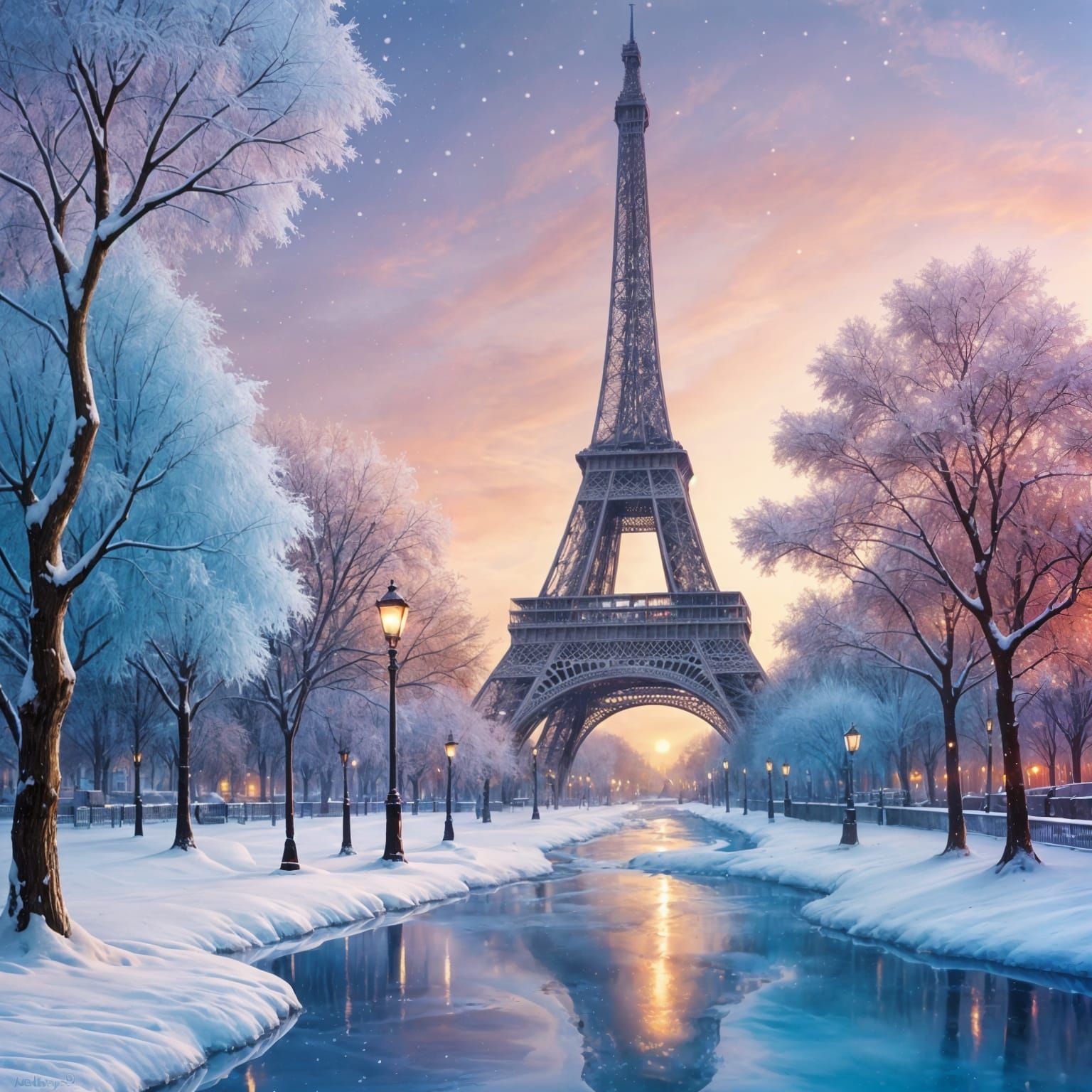 Eiffel Tower in Winter Wonderland: Digital Oil Painting