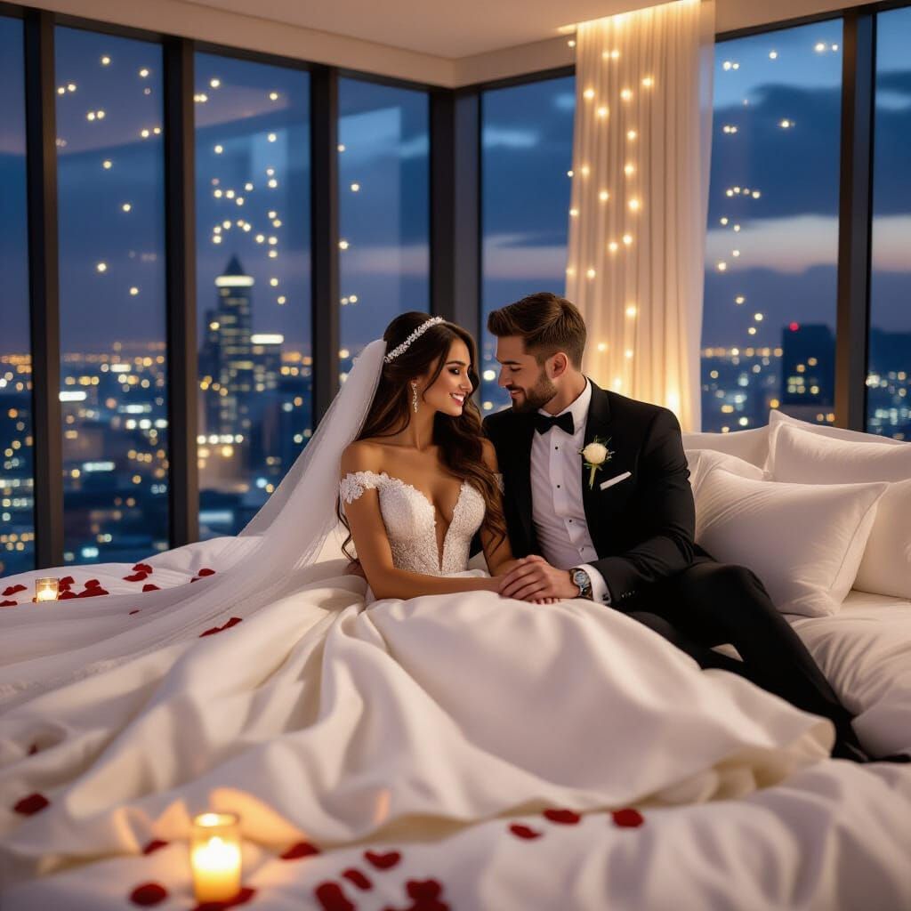 Bride and Groom in Luxurious Bedroom at Night