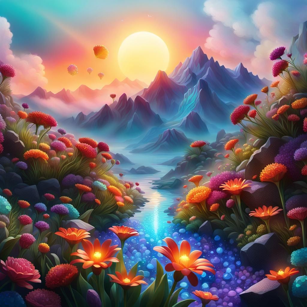 Surreal Hyperrealistic Portrait Amidst Vibrant Gemstone Bloo...