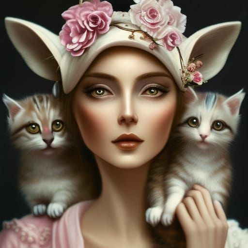 Lady with Kitten in Fairytale Watercolor Style