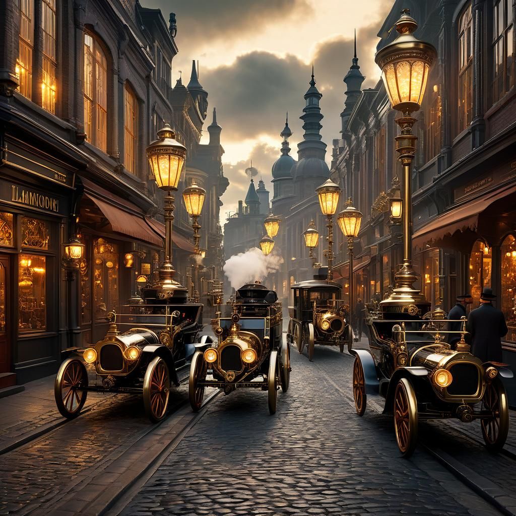 Steampunk Cityscape with Steam-Powered Cars in Digital Art