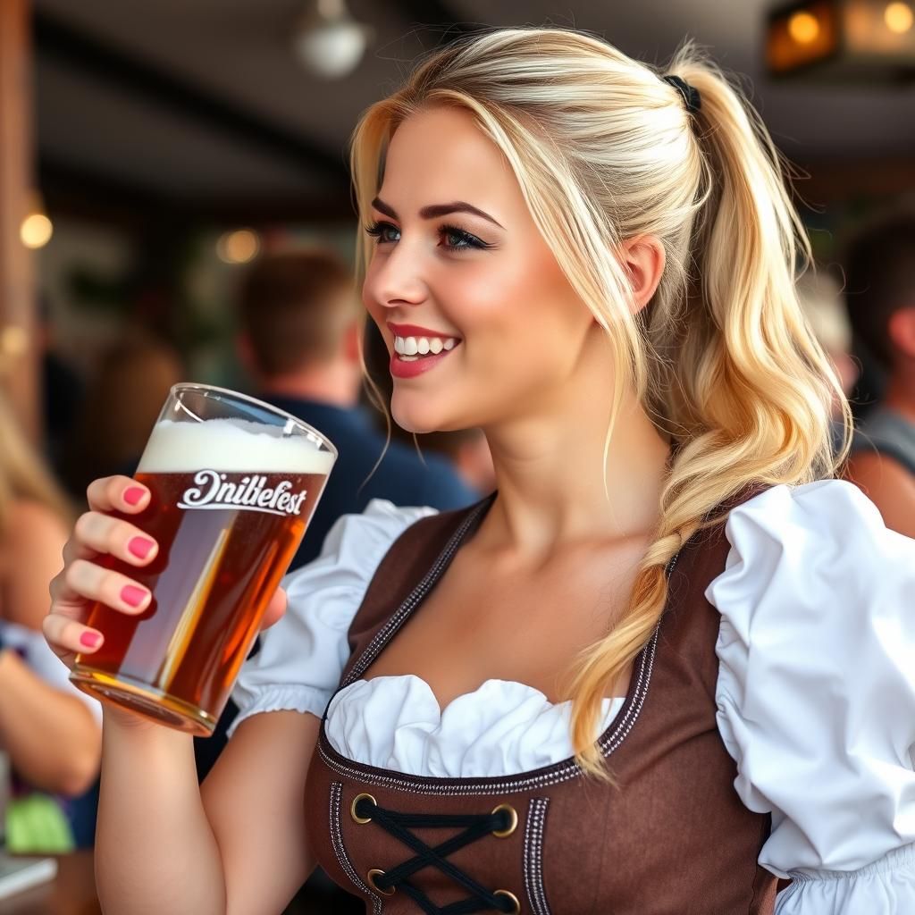 Happy Blonde Woman at Oktoberfest with Beer