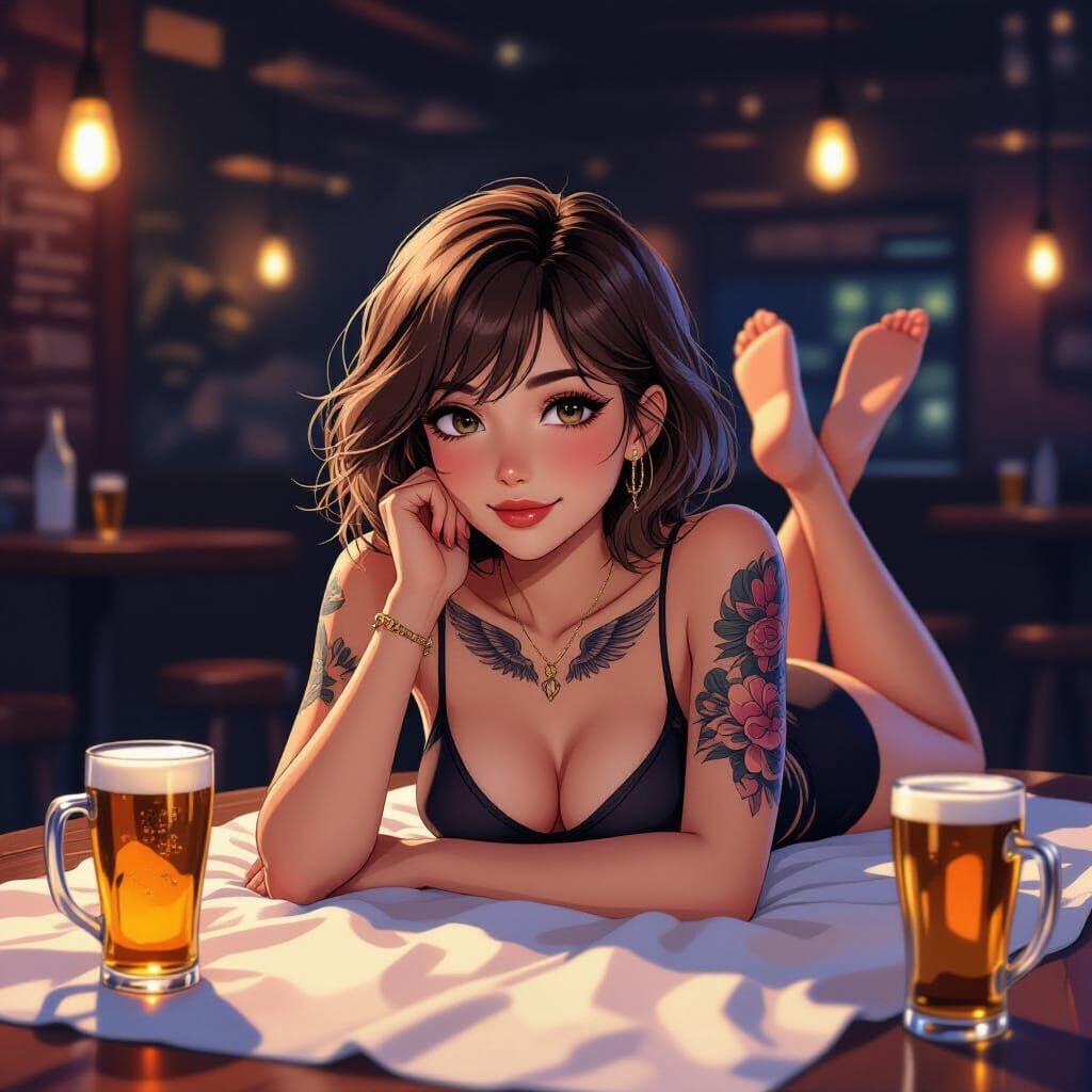Anime Woman with Wing Tattoos in Pub Scene
