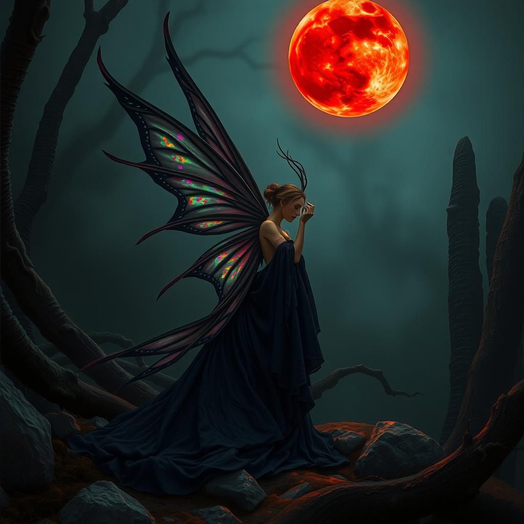 Mystical Dark Fairy Glistening Under Crimson Moon