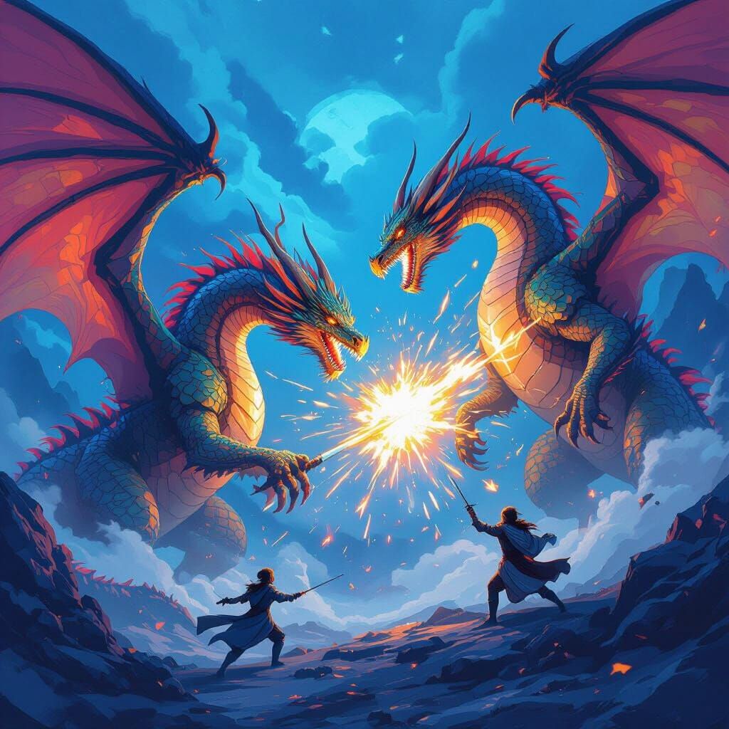 Dragons Clash in Mystical Blue Landscape