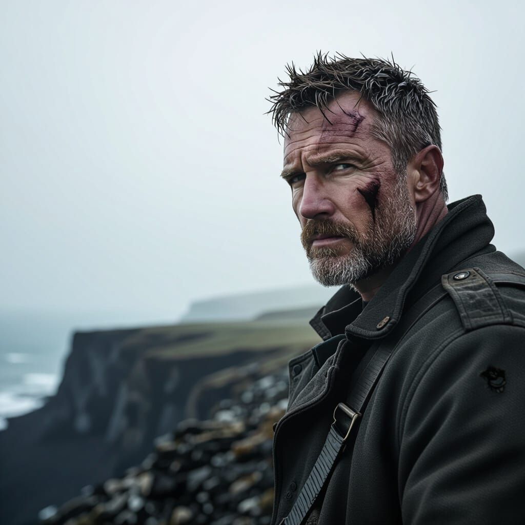 Man with Scars at Cliff Edge in Dramatic Film Still