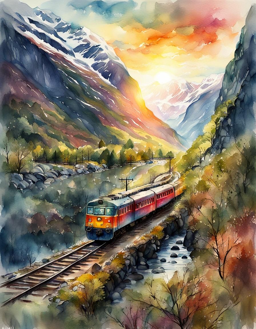 Norway's Flam Railway in Digital Watercolor