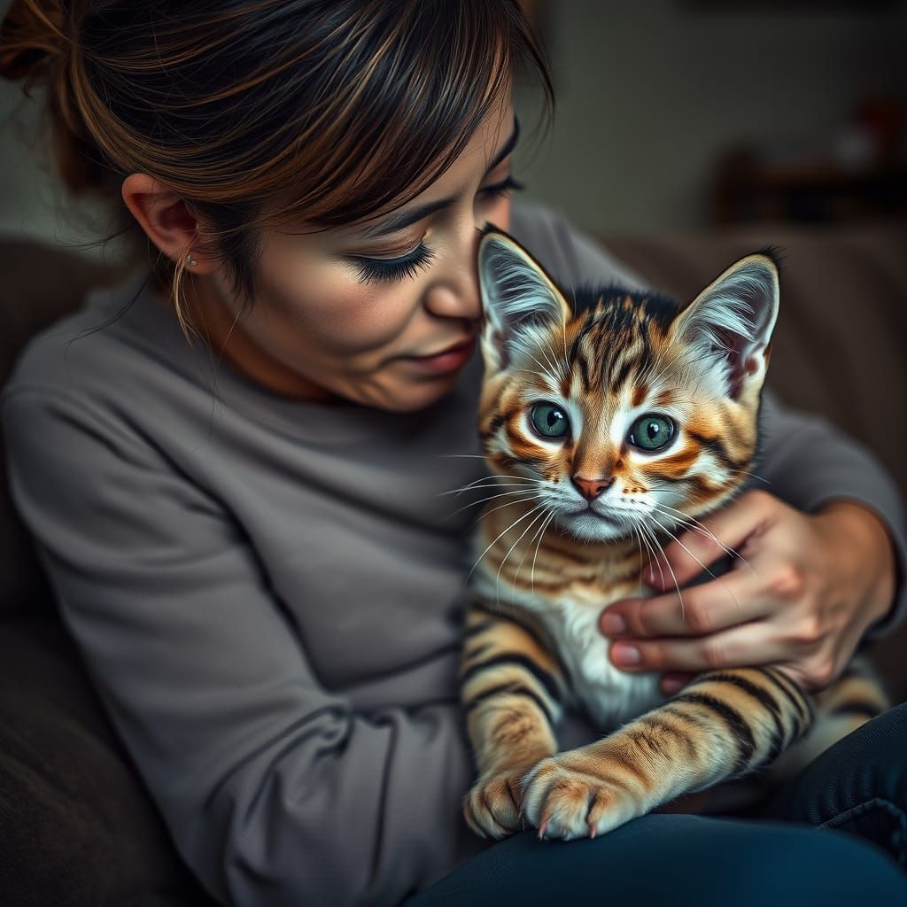 Mother's Tender Moment with Mixed-Race Child and Curious Cat