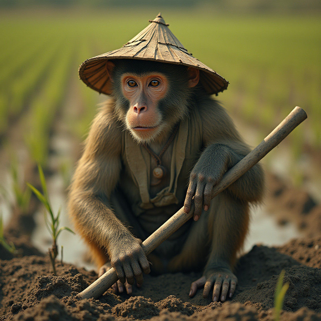 Monkey Farmer in Paddy Field, Cinematic Still