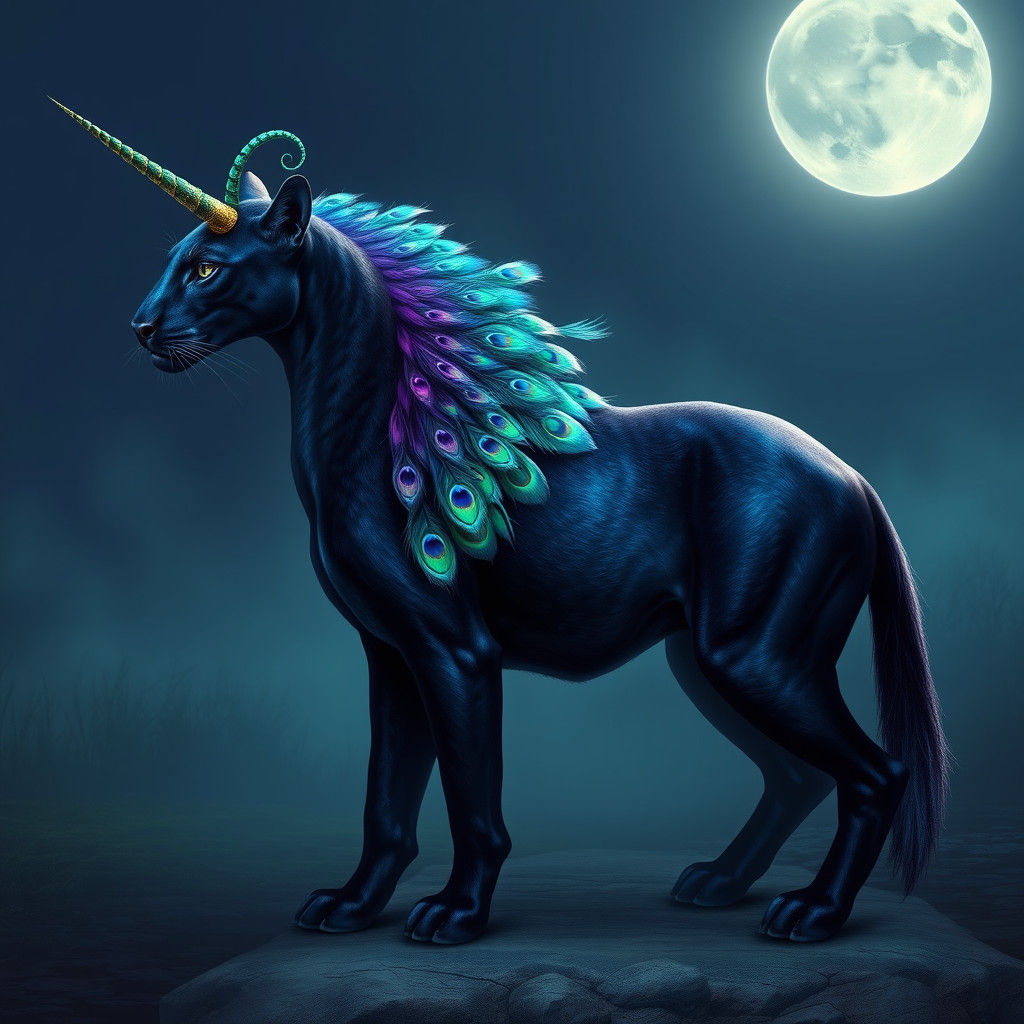 Envision a hybrid between a panther, peacock and a  unicorn....