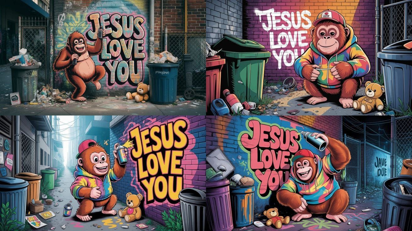 Smiling Orangutan Sprays Graffiti in Urban Alleyway