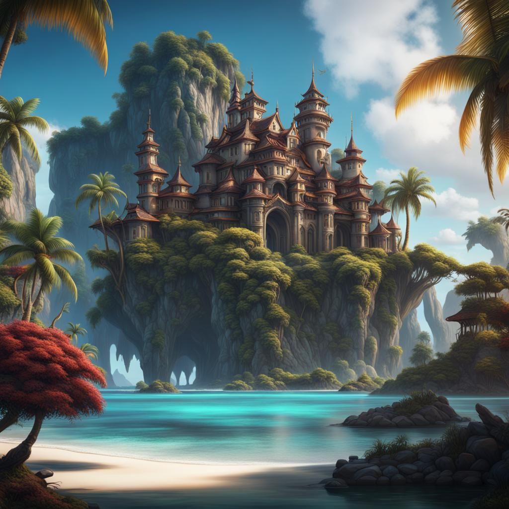 Fantastical Luxury Island Paradise in Detailed Matte Paintin...
