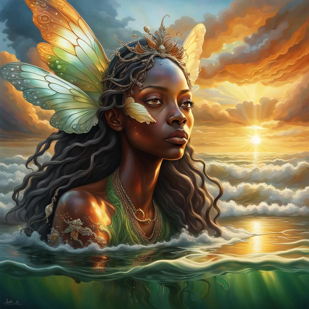 African American Fairy Emerges from Water at Sunrise