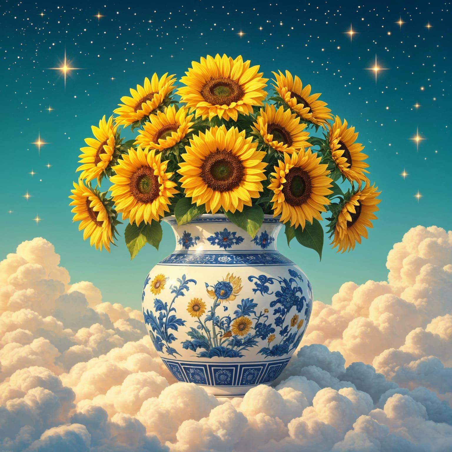 Giant Chinese Vase with Sunflowers on Clouds