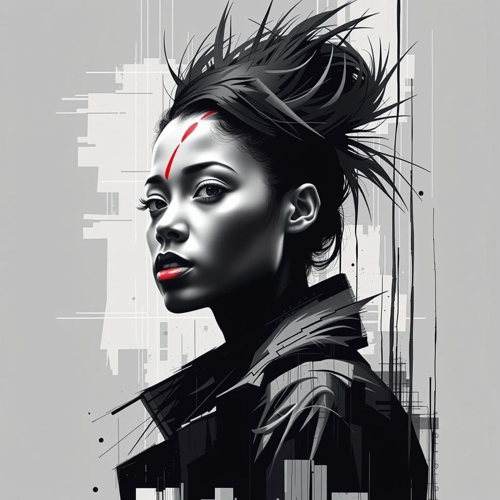 Woman in Profile, Red Lips, Minimalist Black and White