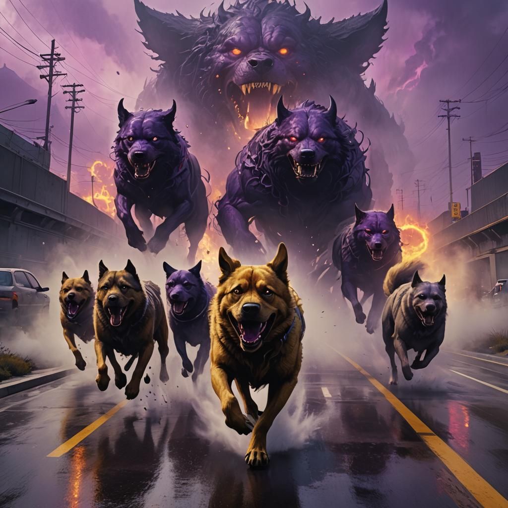 Giant Nightmare Dogs on Freeways: Dark Fantasy Art