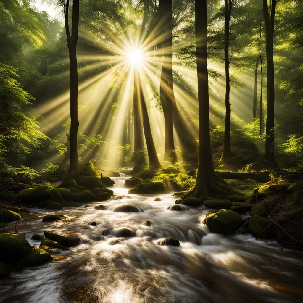 Sunlit Streams of Living Water Through Forest