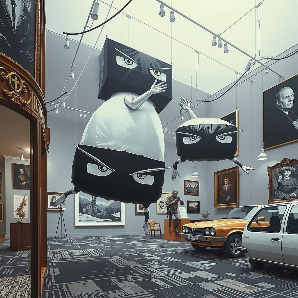 Dramatic Black and White Linocut Art Gallery Scene