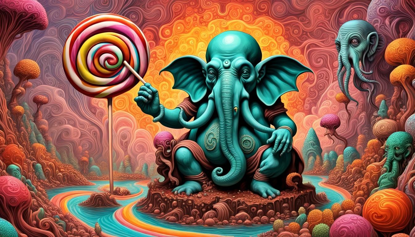Cthulhu and Ganesh share a big Lollipop in a fractal Candyland Afterlife