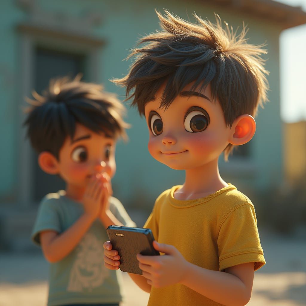 Happy Boy Plays with Wooden Truck, Sad Boy Looks at Phone