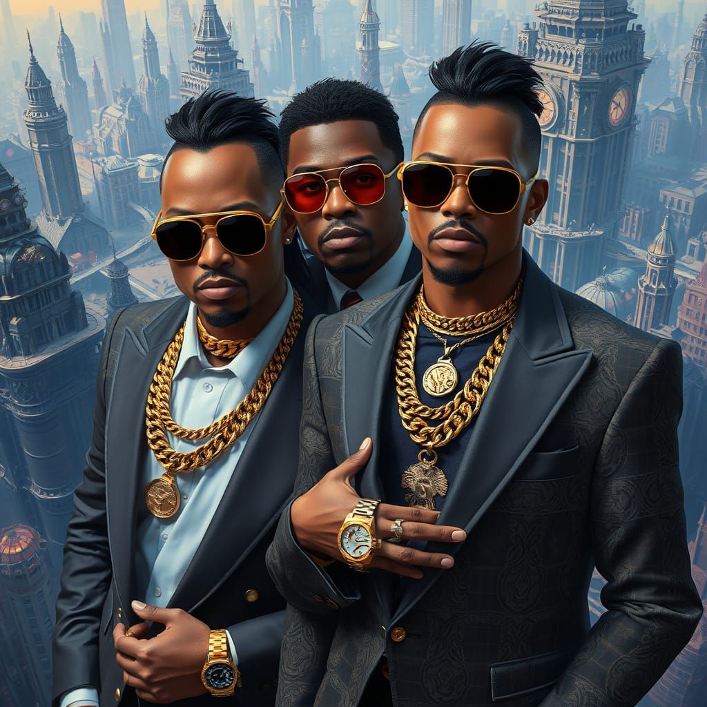 Luxurious Gangsters Pose in a Fantastical Metropolis