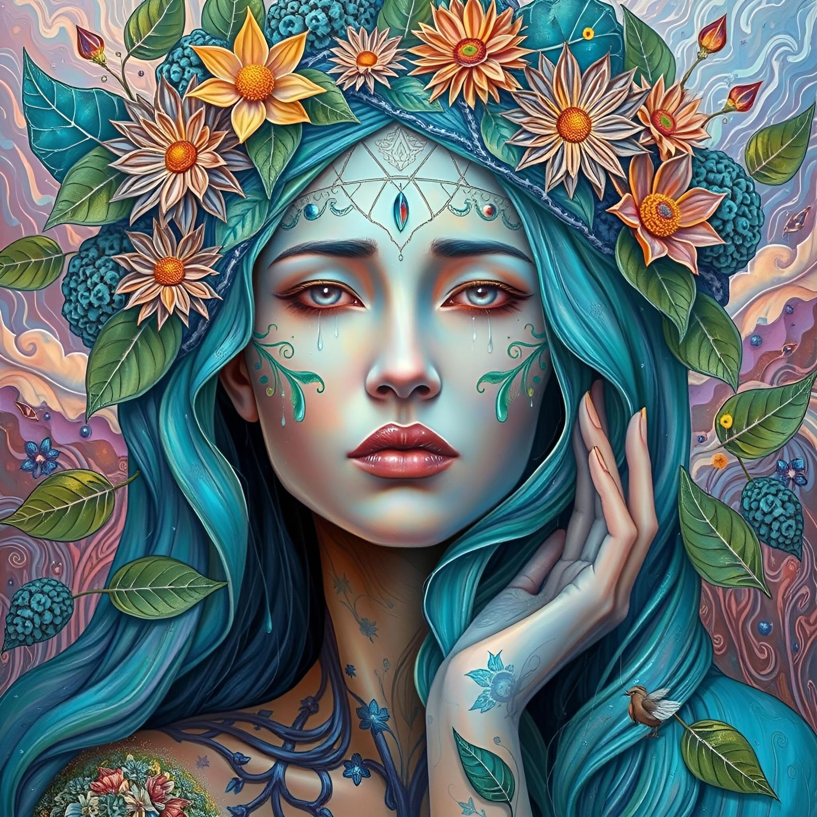 Mother Earth depicted as a beautiful goddess,  intricate details of foliage and flowers making up her form,  she holds t...