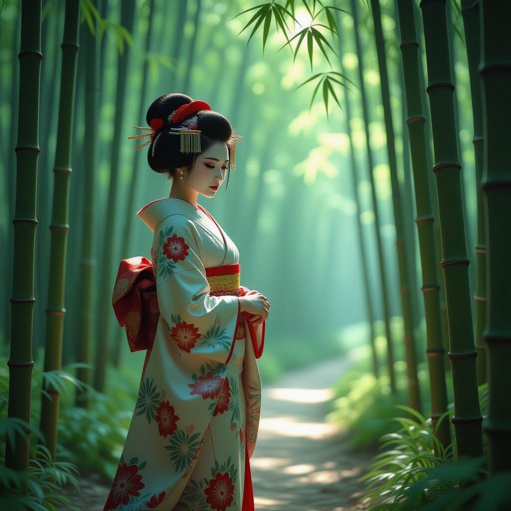 Geisha in Bamboo Forest, Sunlight Dappling, Hyper-Realistic ...
