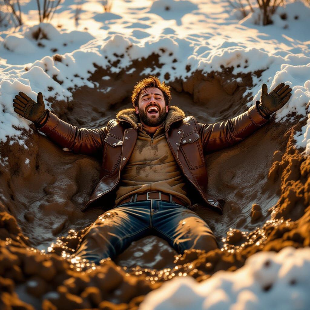 Man Making Mud Angels in Golden Hour Light