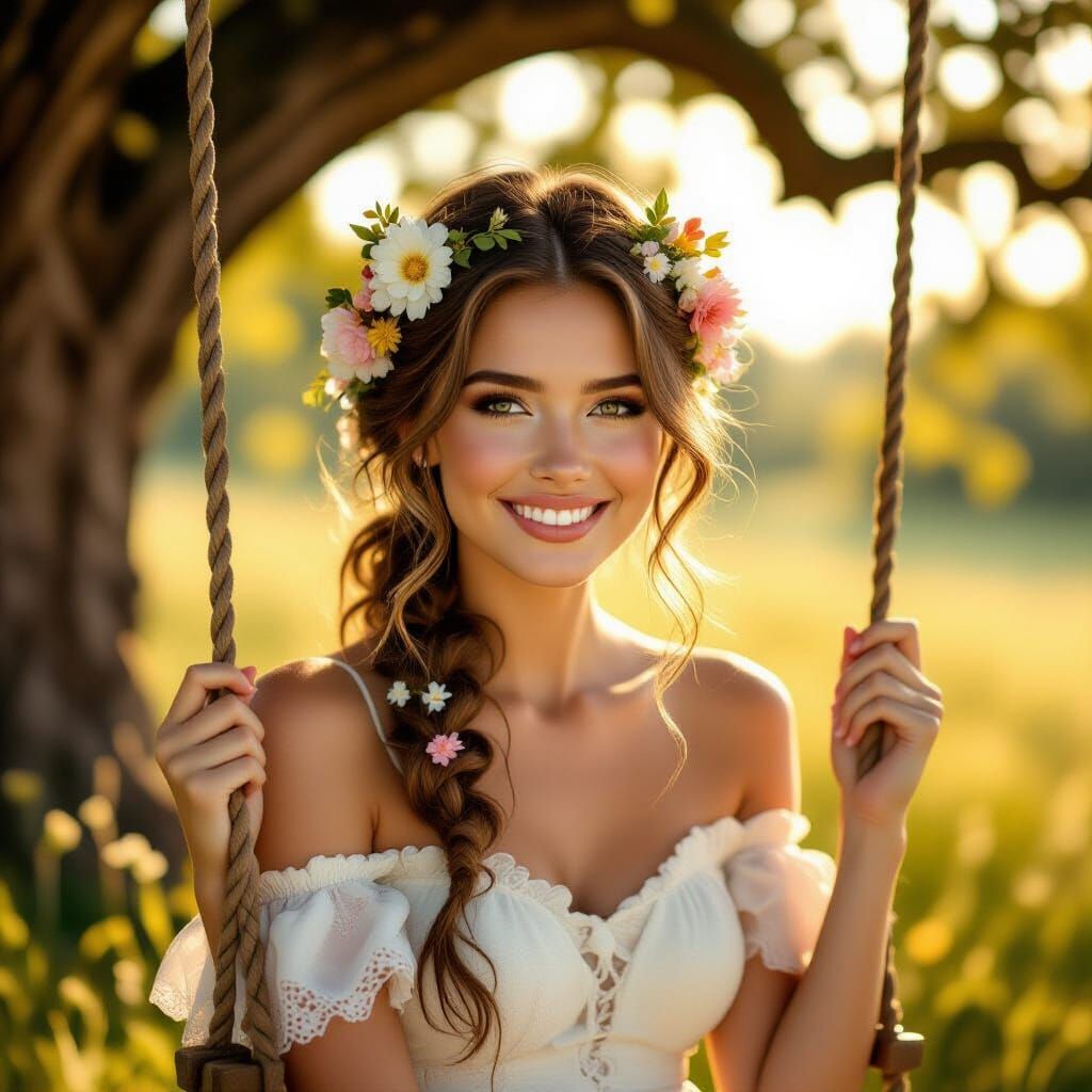 Woman on Swing in Meadow: Dreamlike Oil Painting