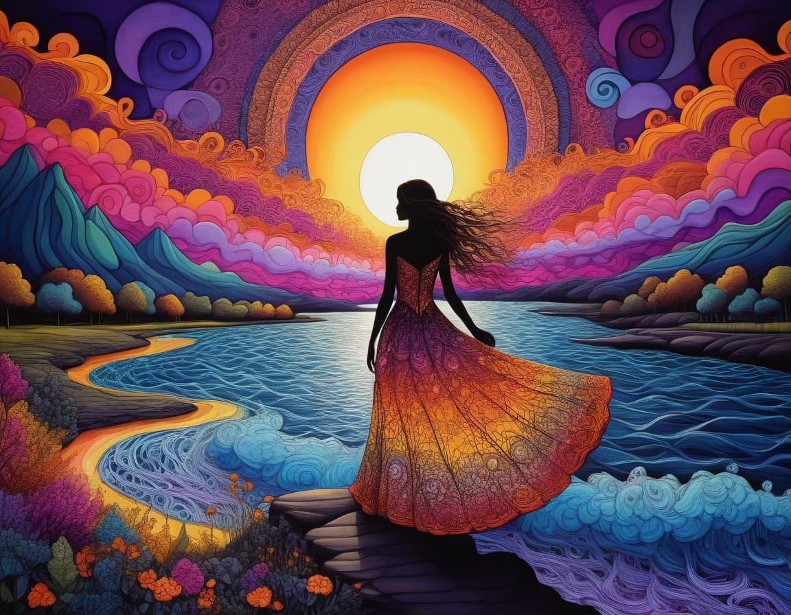 Woman in Foam Zentangle Dress by River