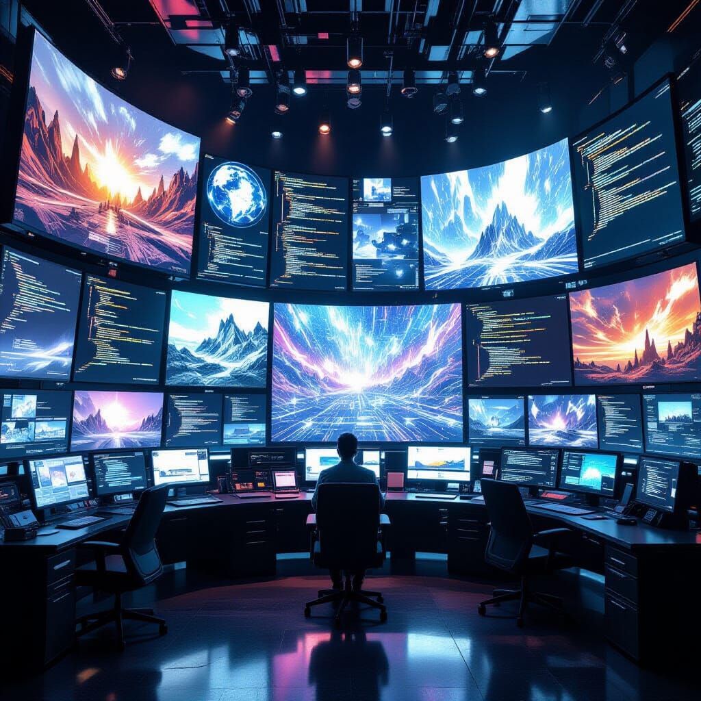 Surreal Control Room Displaying Website Errors