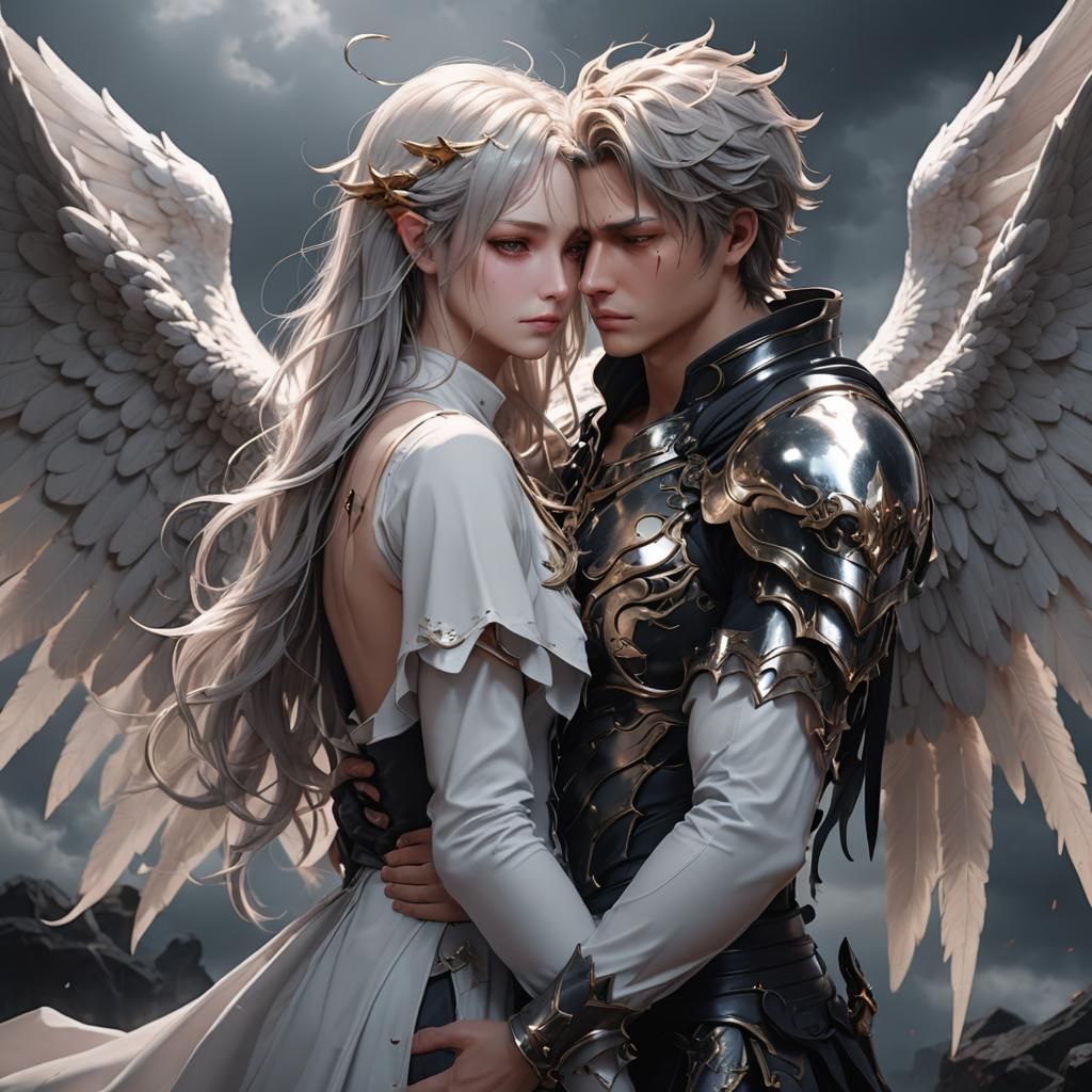 Angel and Demon Embrace in Stormy Anime Art