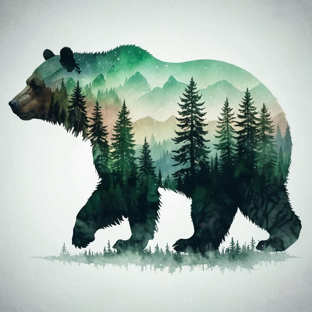 Brown Bear Silhouette Double Exposure with Aurora Borealis