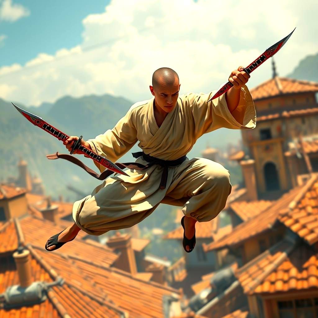 Warrior Monk Leaping Across Rooftops: Fantasy Concept Art