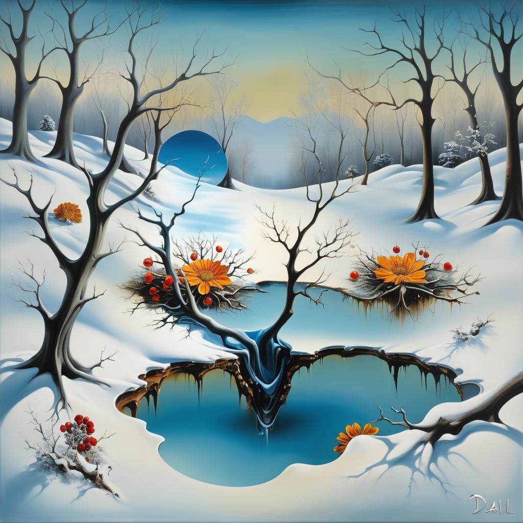 Surreal Flowers Bloom in Winter Snow, Dali Style