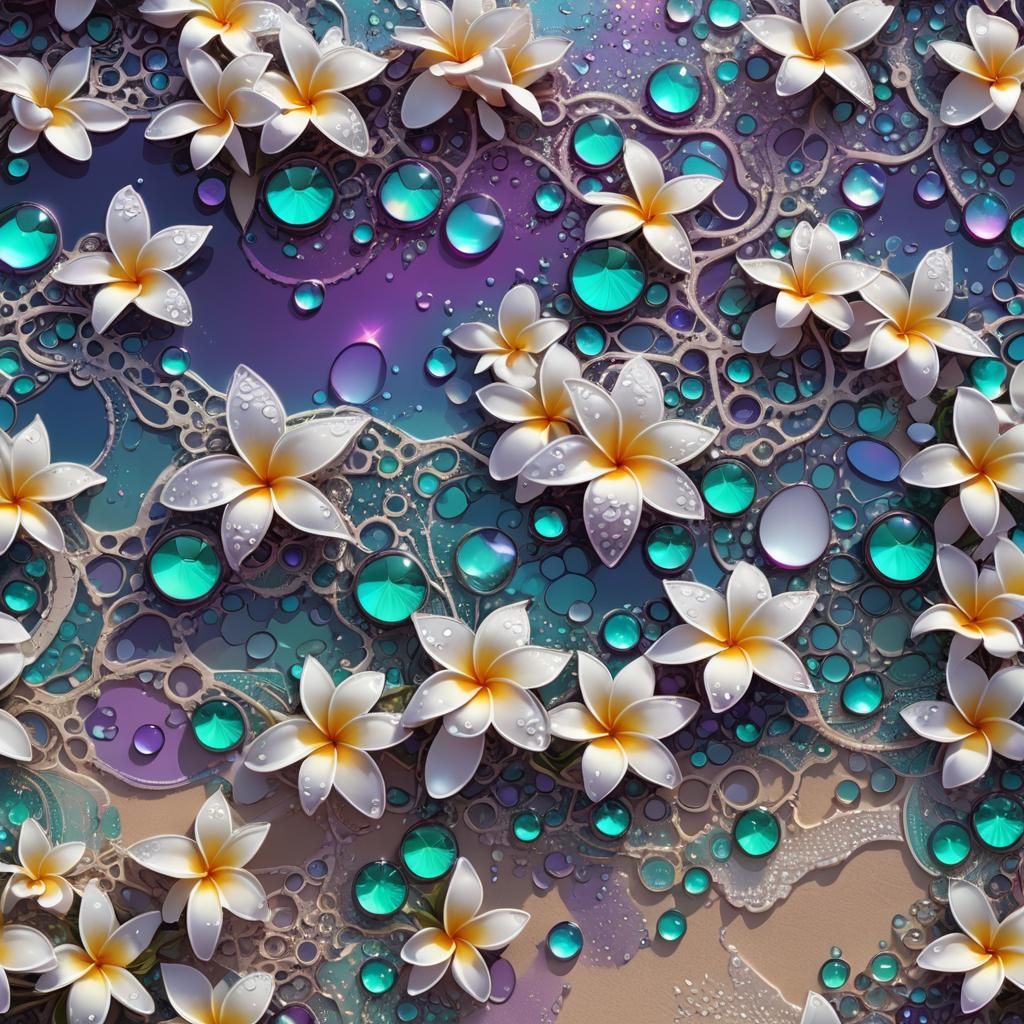 Iridescent Fractal Plumeria on Holographic Sunrise Beach