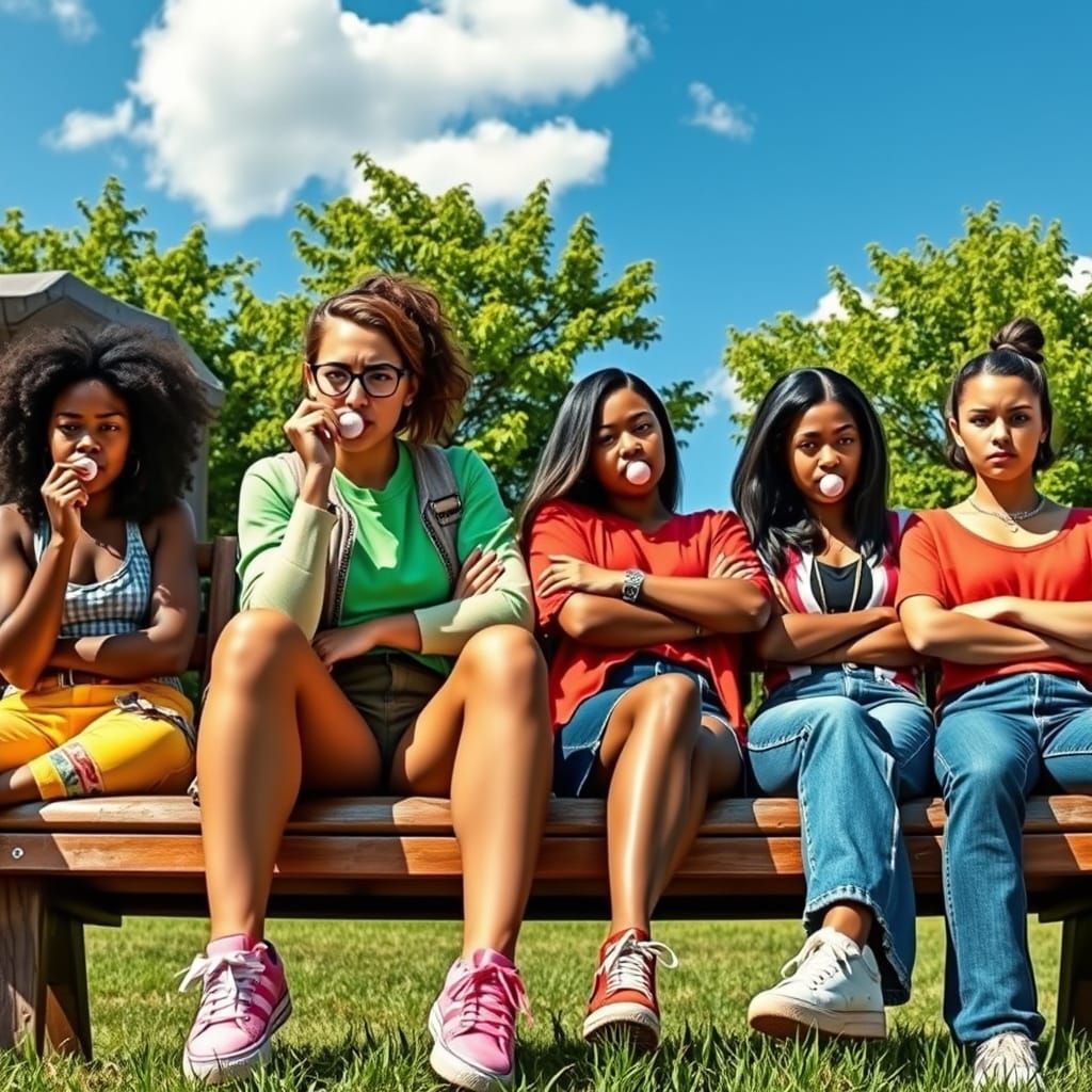 Teenage Girls of Mixed Descent Relax on a Park Bench in Summ...