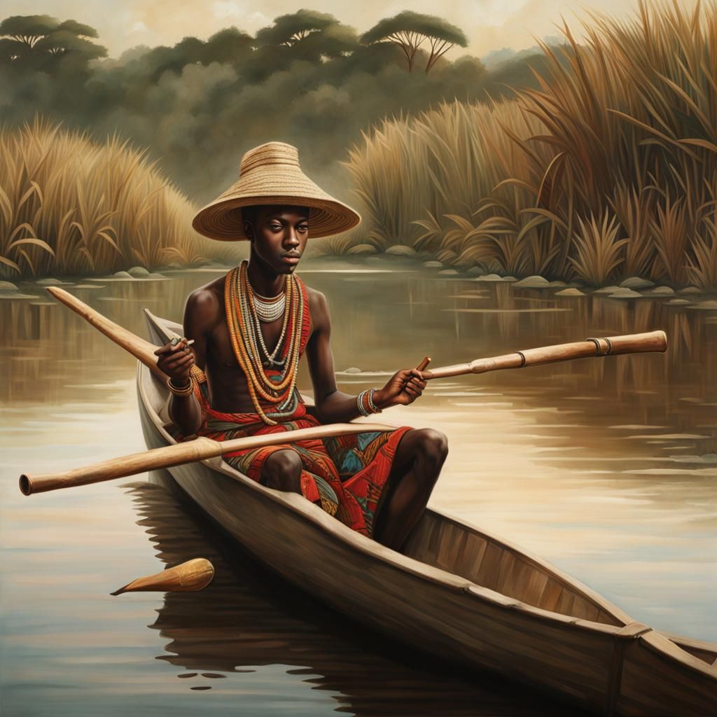 African Man in Canoe on River, Hyperrealistic Image