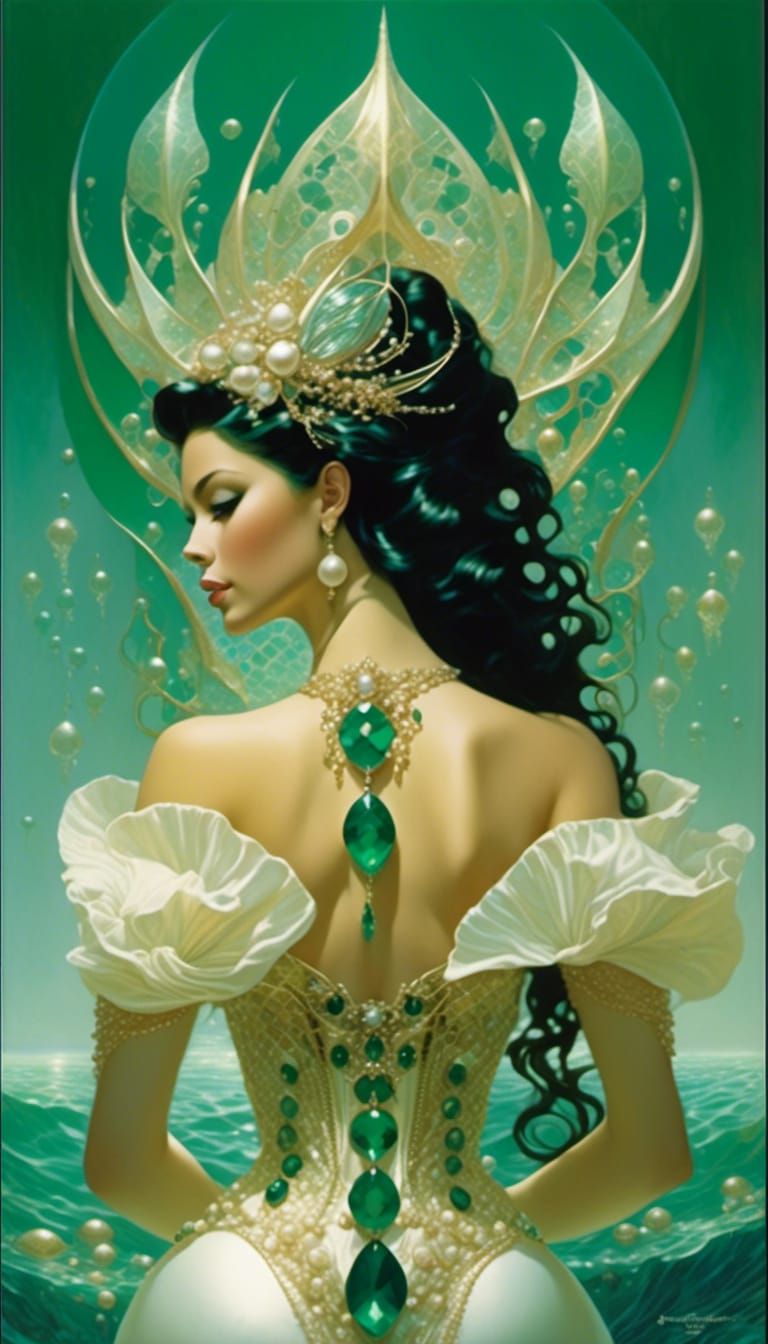 Mermaid Goddess in Fantasy Gown, Hyper-Detailed Art