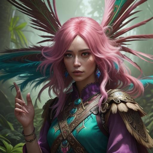 Woman with Pink Peacock Feather Hair in Forest