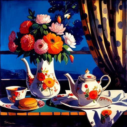 Vintage Tea Service in Evening Light: Collage Style