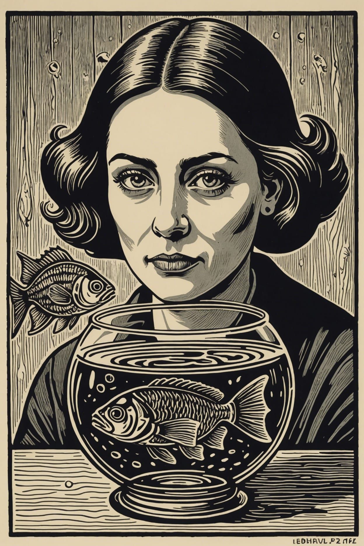 a woman who has a prosthetic eye that is a glass fish bowl.  The fishbowl has a fish in it. woodcut, linocut