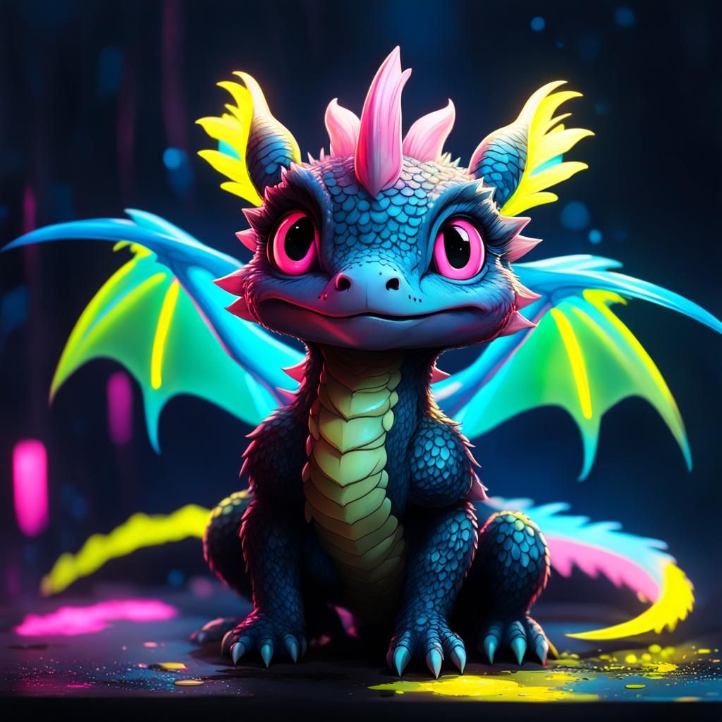 Neon Chibi Dragon: Whimsical Artstation Illustration