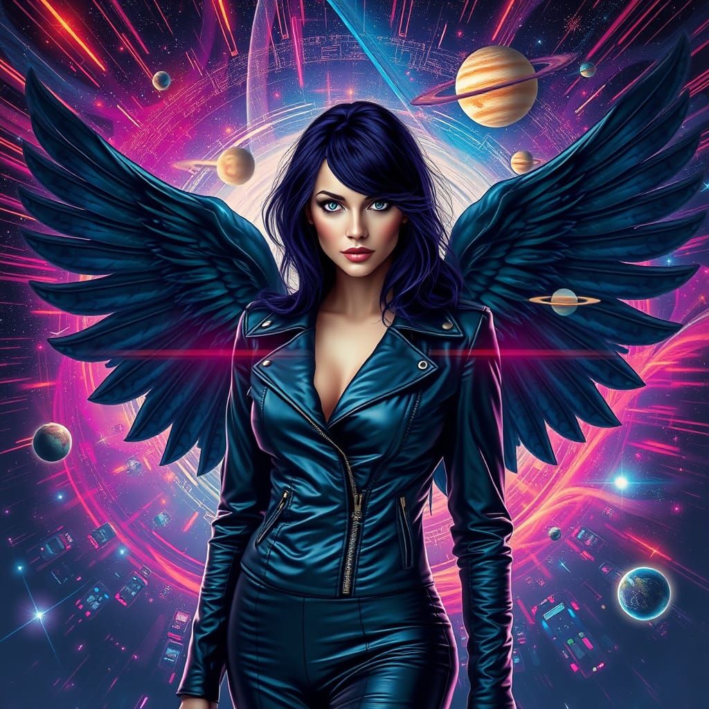 Cyberpunk Queen in Dark Purple Hair and Black Angel Wings am...