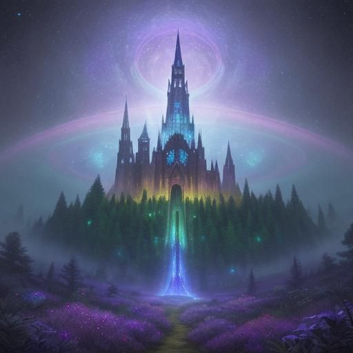 Medieval Tower in Forest: Cosmic Mixed Media Art