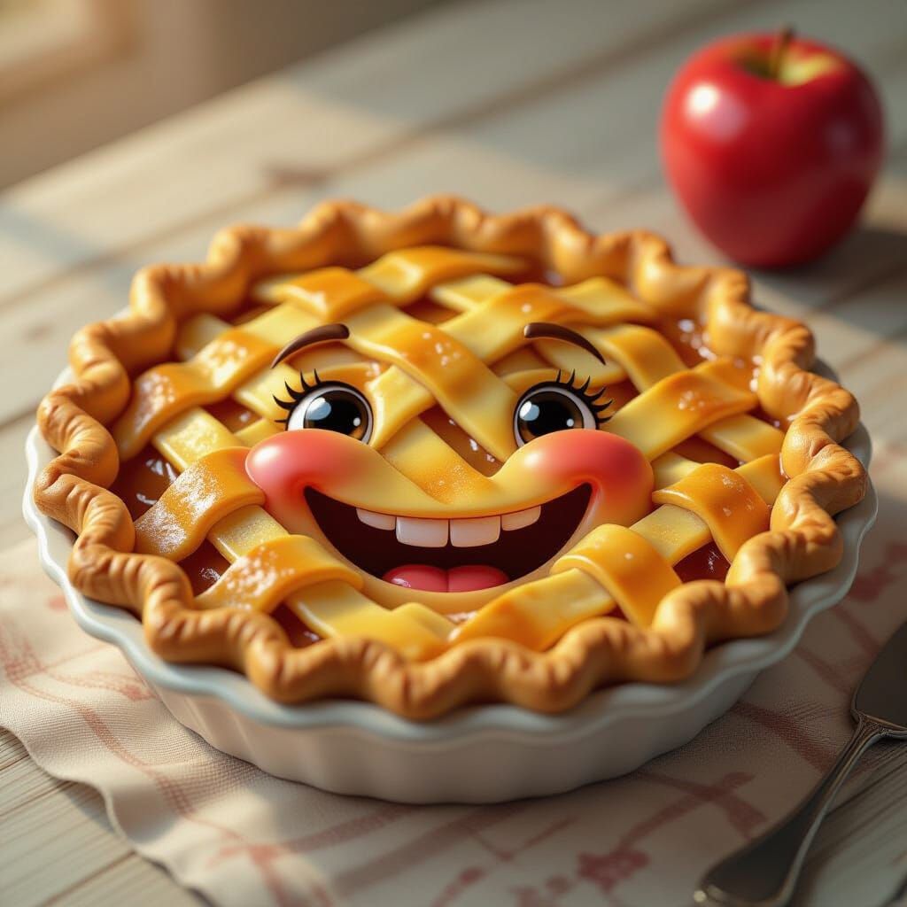Smiling Apple Pie in Detailed Fantasy Art Style